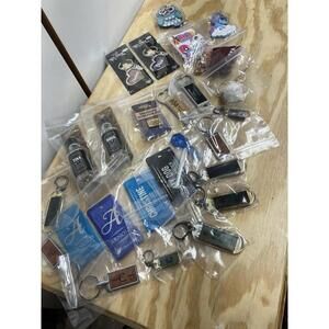 Random Lot Of 26 Engraved Items 16 Keychains, 4 Suitcase Tags, 2 Mini Bottles